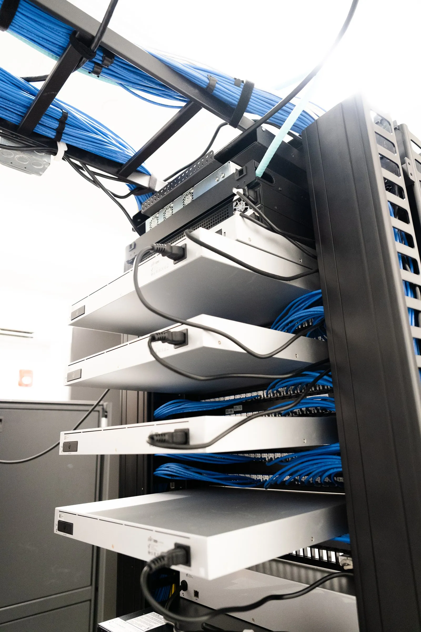 Cable management behind a network rack