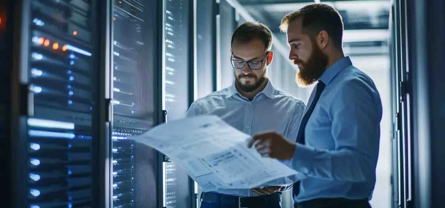 Business owner reviewing data center blueprint with a technician discussing network cabling companies and installation layout.