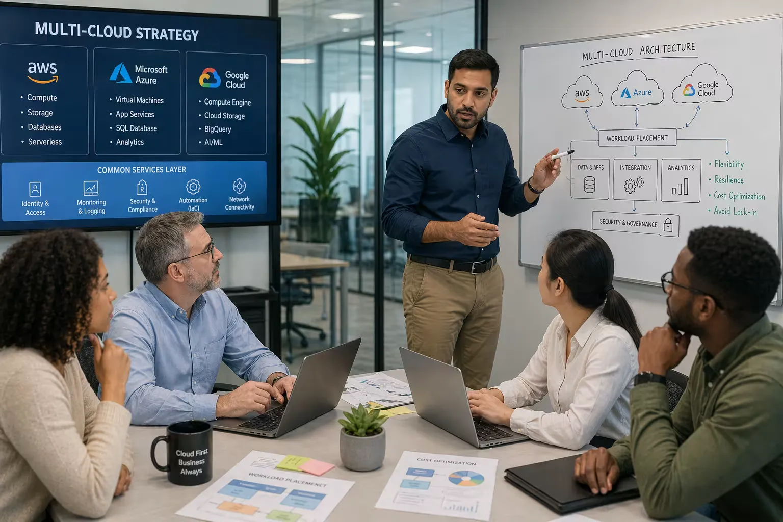 Diverse team discussing multi-cloud strategy