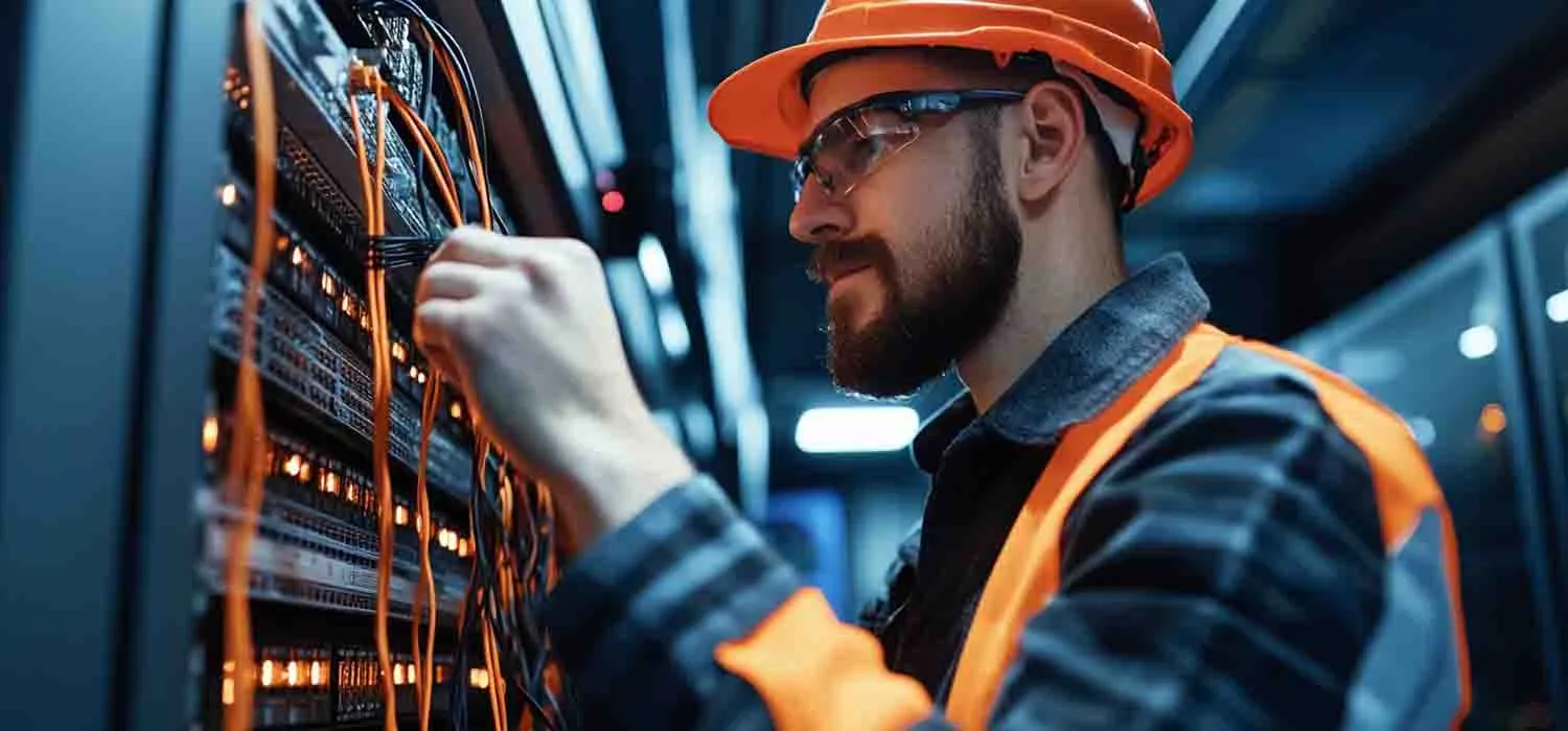 IT specialist installing structured cabling systems inside a modern server room to improve broadband and connectivity.