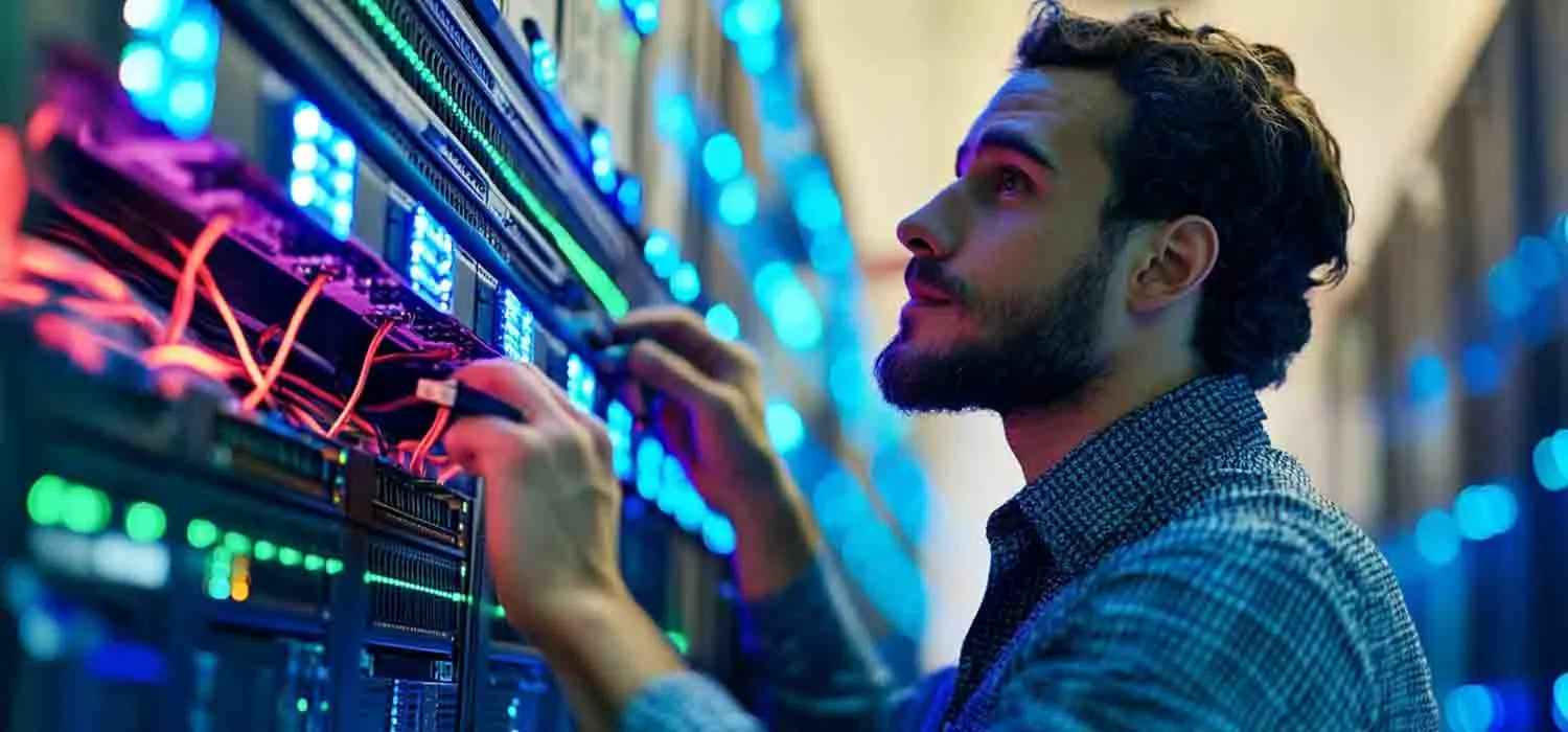 Professional cable installer terminating fiber optic lines for a business’s secure video surveillance and communication systems.