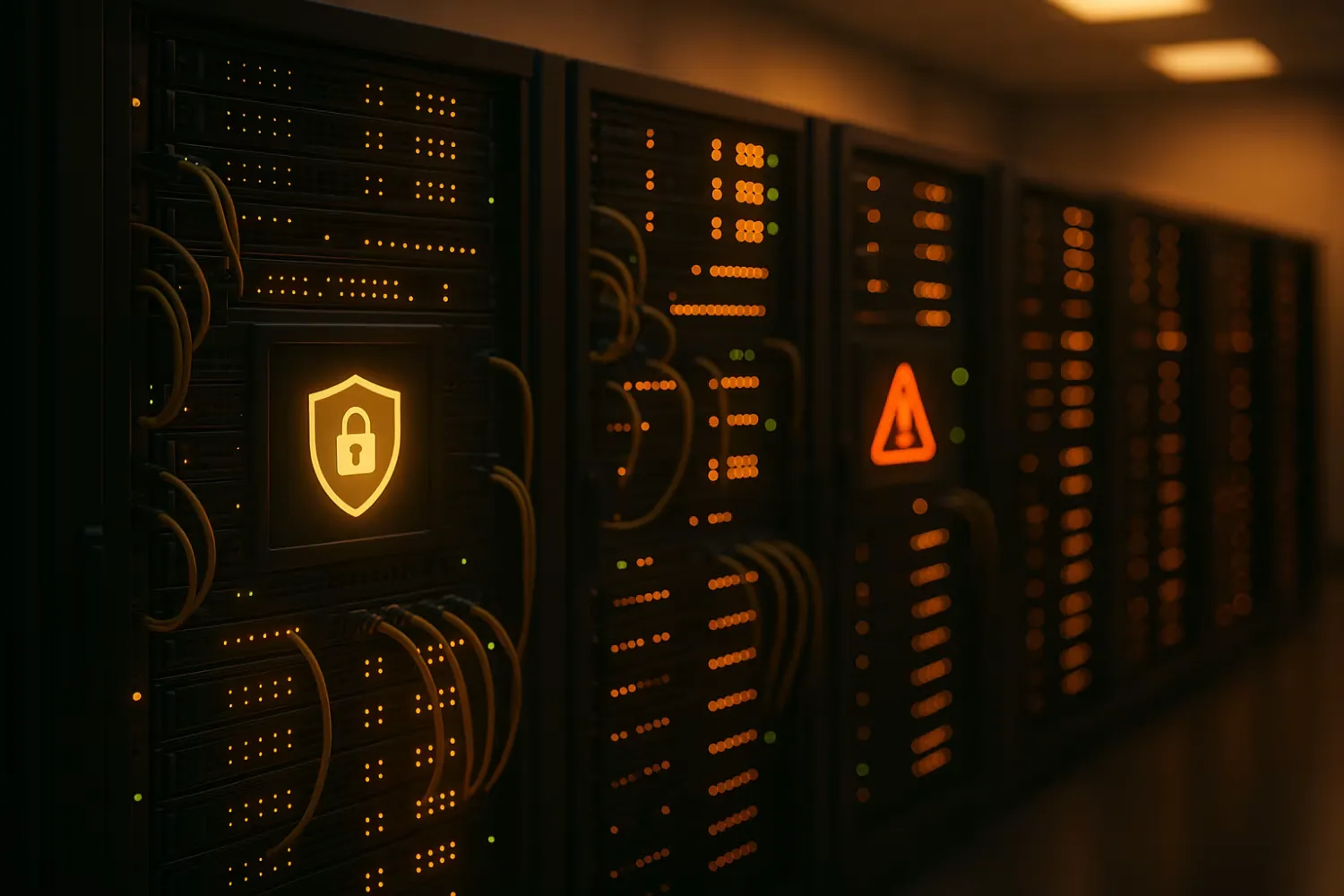 Secured server room showcasing cybersecurity risks